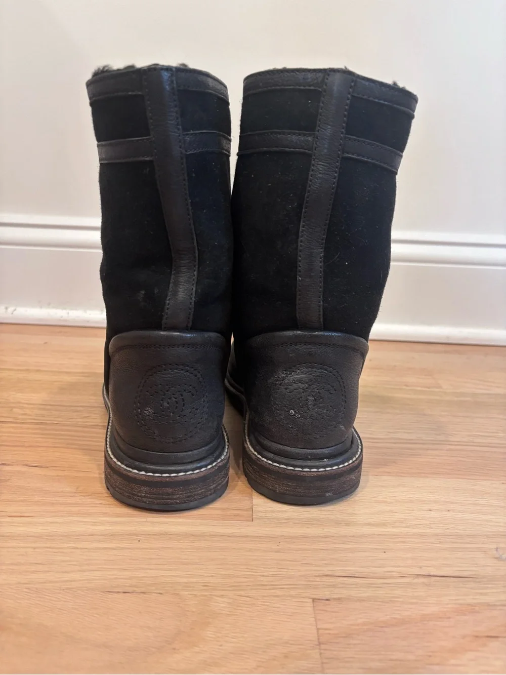 CHANEL black leather & suede boots with an embossed CC logo on heel size 37